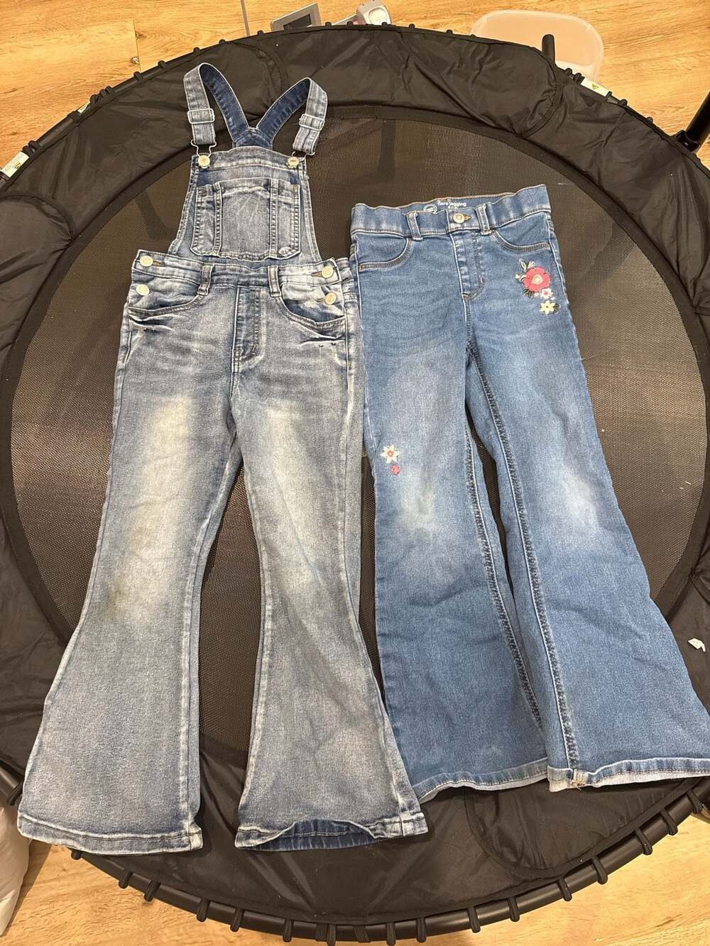 Bundle Girls Floral Flare Jeggings Size M 7-8 & Denim Flare Overalls Bundle